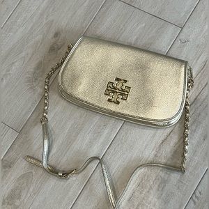 Tory Burch metallic gold clutch with removable chain strap!